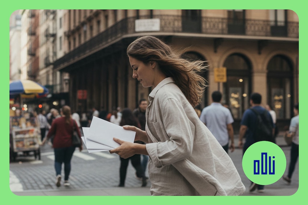 Person auf einem Stadtplatz mit Briefen in der Hand, die Informationen zu ihrem Festgeld für 1 Jahr enthalten.