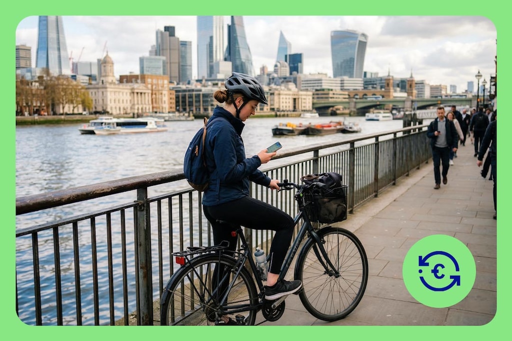 Person mit Fahrrad am Flussufer, die auf ihrem Smartphone die Festgeld-Zinsen der BBVA prüft.