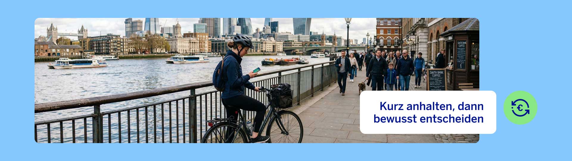 Person mit Fahrrad am Flussufer, die auf ihrem Smartphone die Festgeld-Zinsen der BBVA prüft.