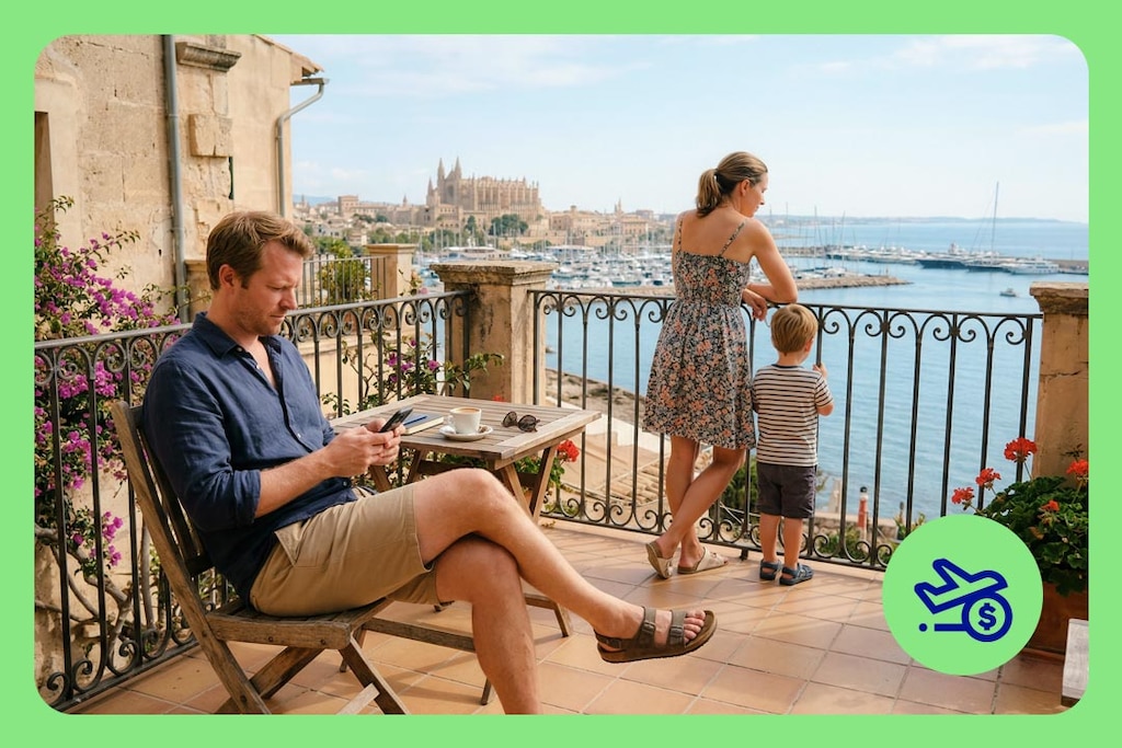 Eine junge Familie verbringt ihren Osterurlaub 2026 Mallorca und nutzt das App-Feature Meine Reisen zur Ausgabenkontrolle.