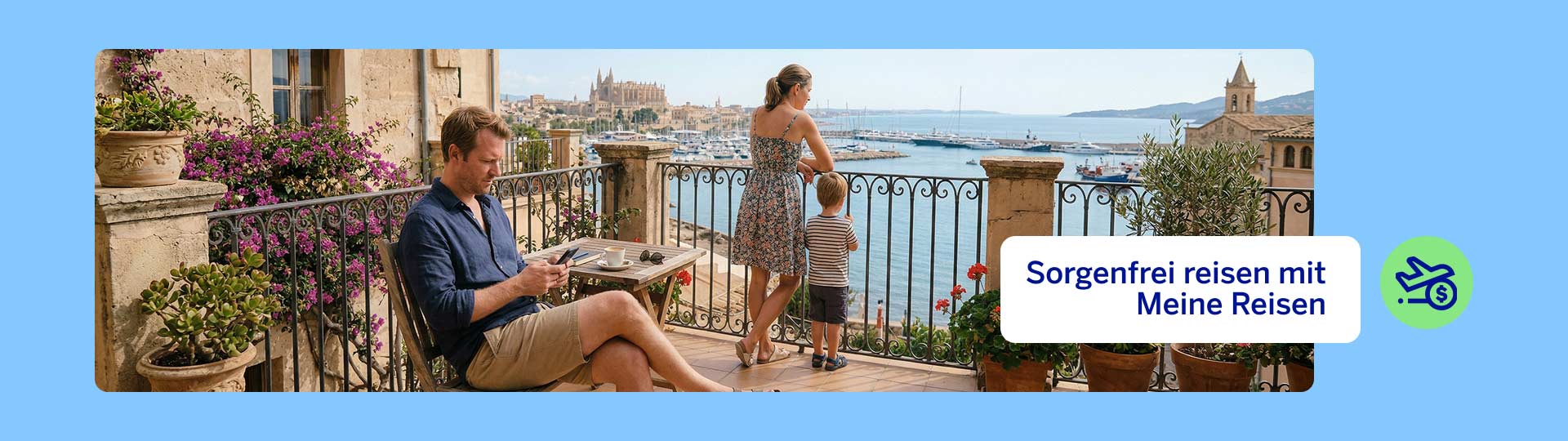 Eine junge Familie verbringt ihren Osterurlaub 2026 Mallorca und nutzt das App-Feature Meine Reisen zur Ausgabenkontrolle.