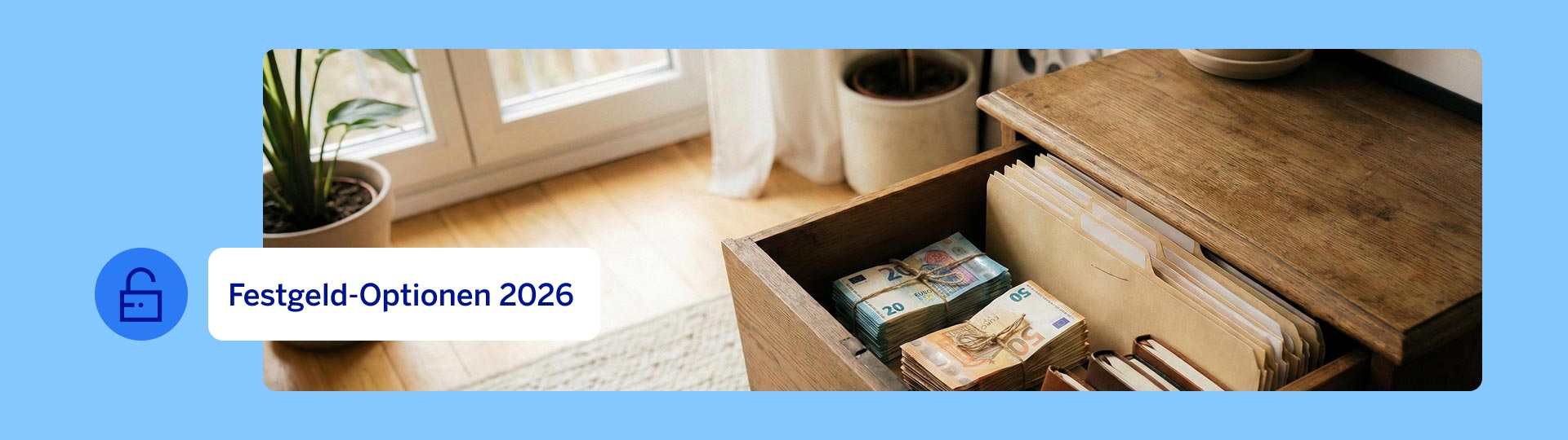 Holzschublade mit sortierten Unterlagen und Geldscheinen, symbolisch für BBVA Festgeld‑Optionen 2026
