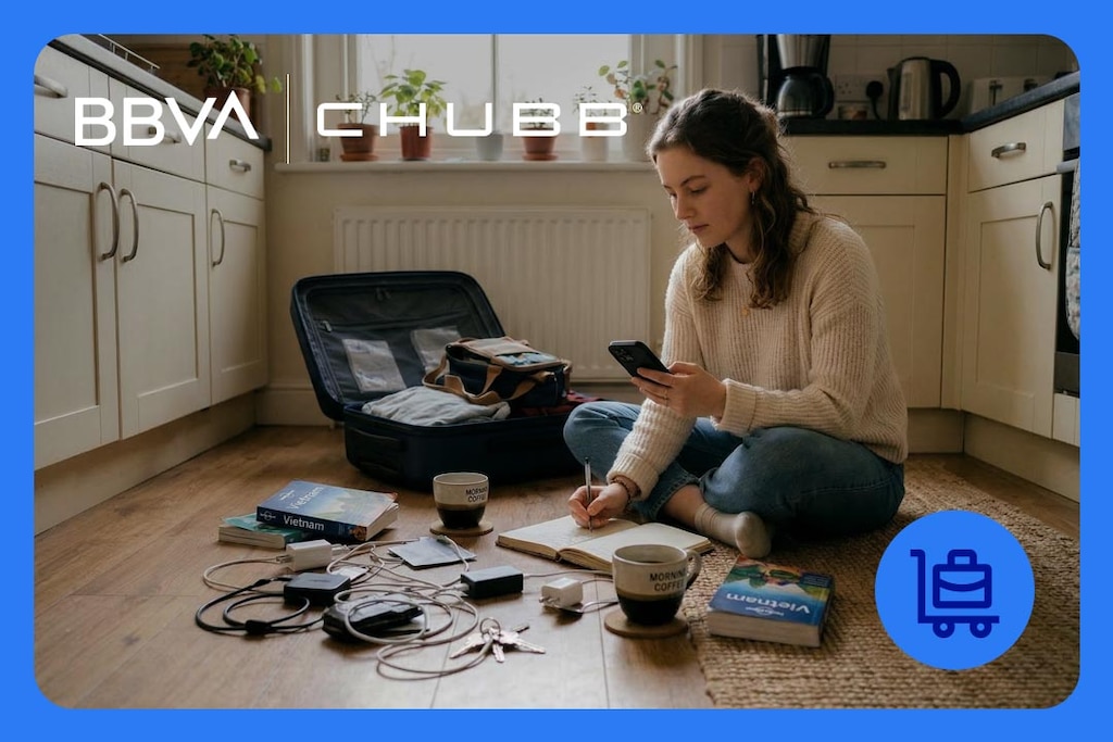 Junge Frau plant entspannt eine Reise mit Koffer und Smartphone in der Küche – Promotion für die BBVA Reiseversicherung in Kooperation mit Chubb unter dem Motto 'Sorgenfrei reisen'.