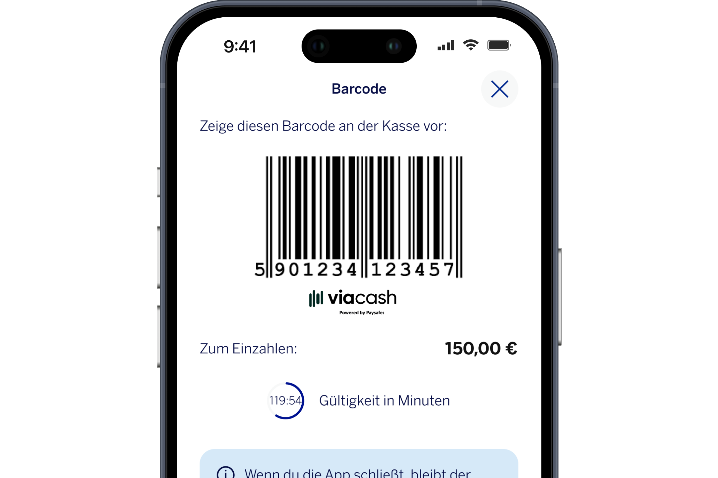 Smartphone-Display der BBVA App mit einem generierten Barcode für die Funktion ‚Bargeld via App‘ zum Einzahlen von 150 Euro an der Kasse.