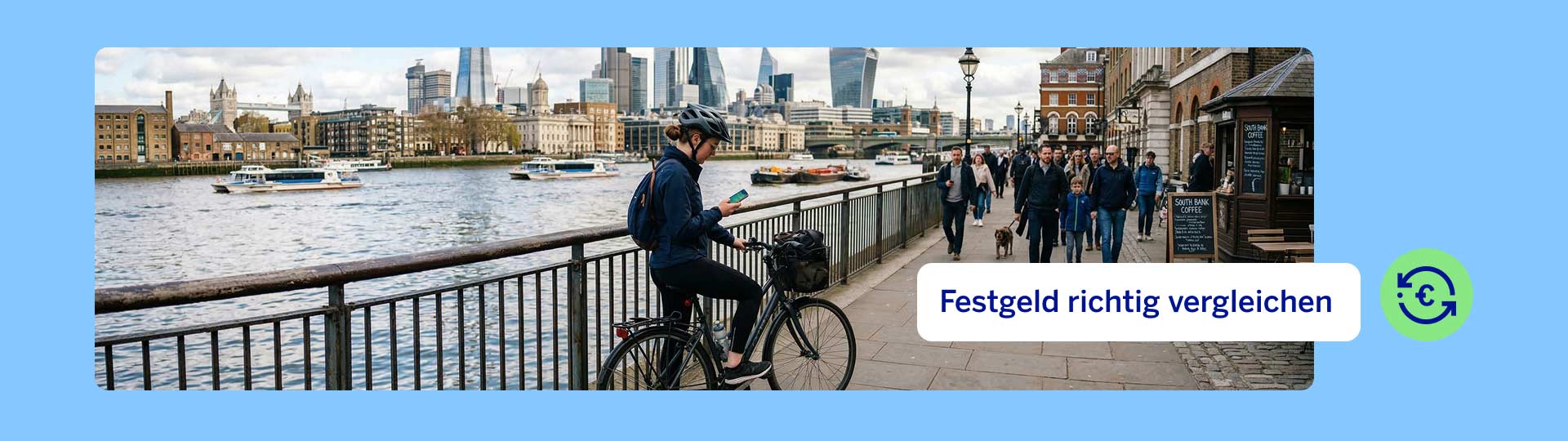 Person with a bicycle on the riverbank, looking over BBVA's fixed-term deposit interest rates on their smartphone.
