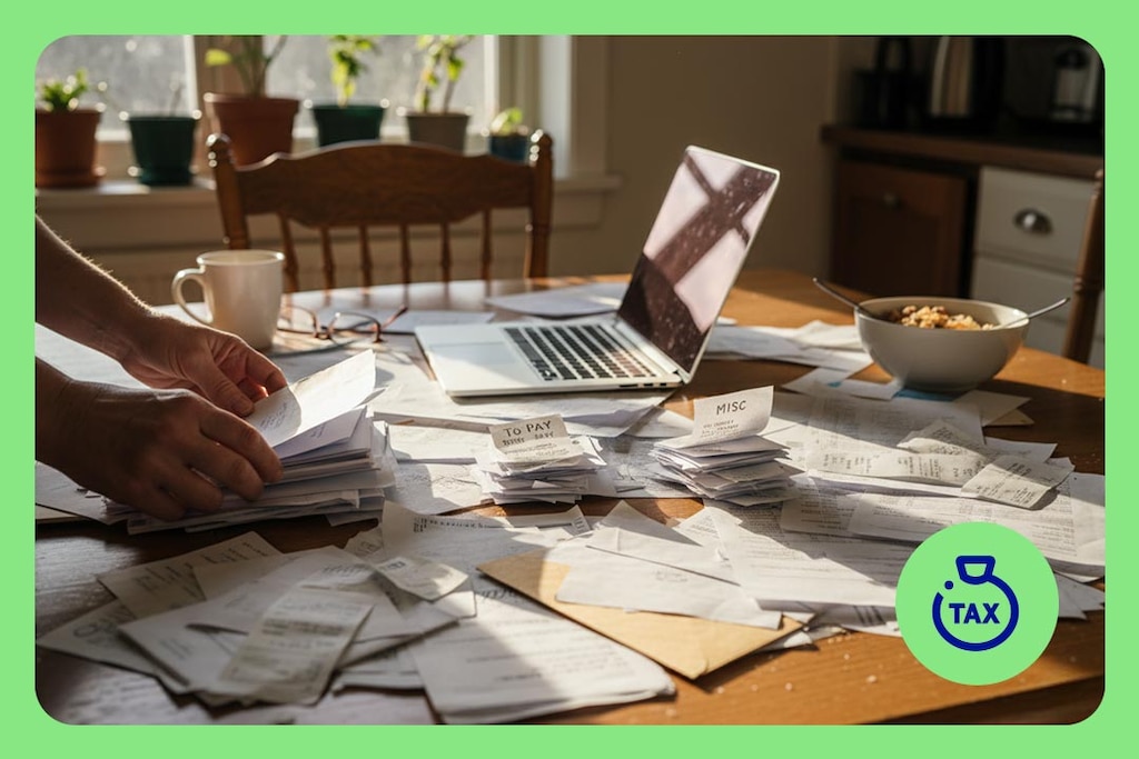 The 2025 tax return is due, as one might guess from the many documents and a laptop scattered across a wooden table.