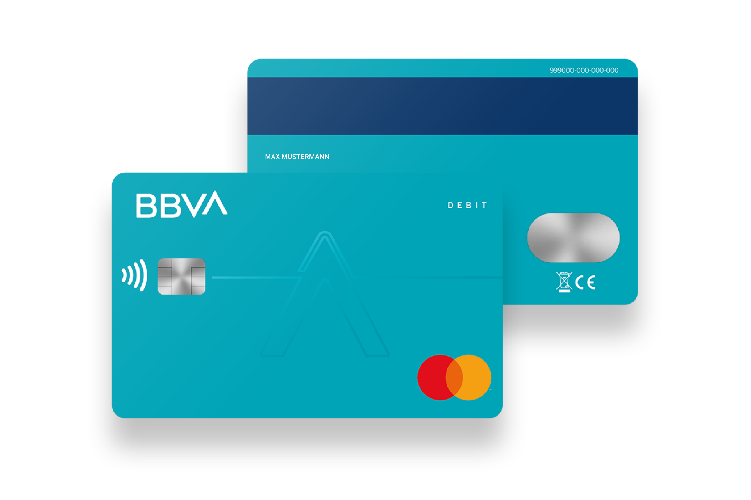 BBVA debit card with front and back shown side by side.
