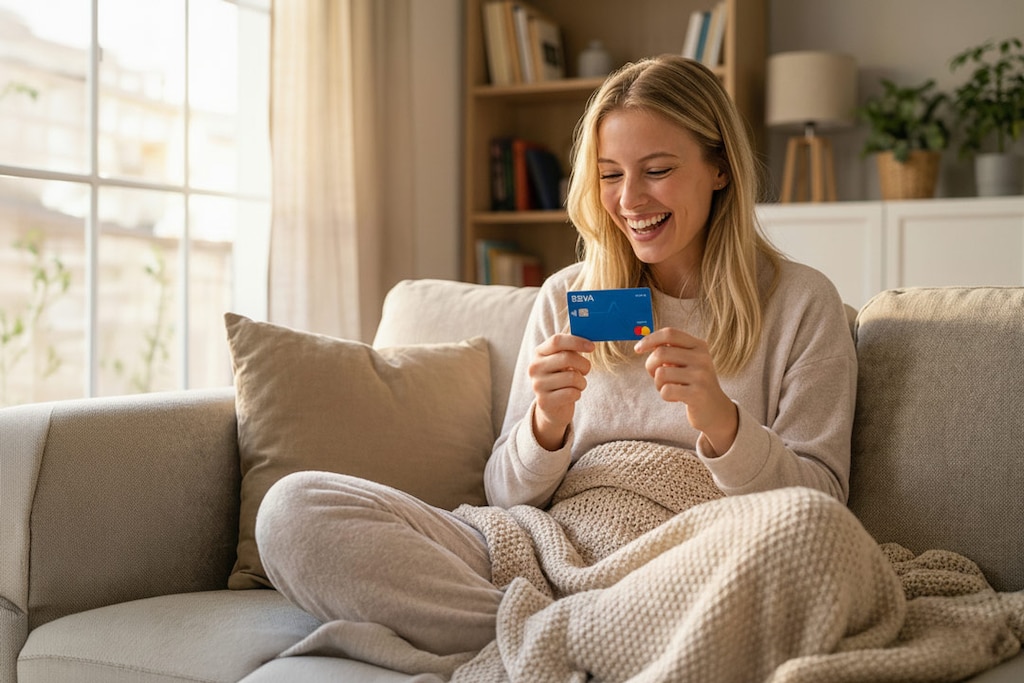 Person sitting on the sofa and holding the BBVA debit card in their hands.