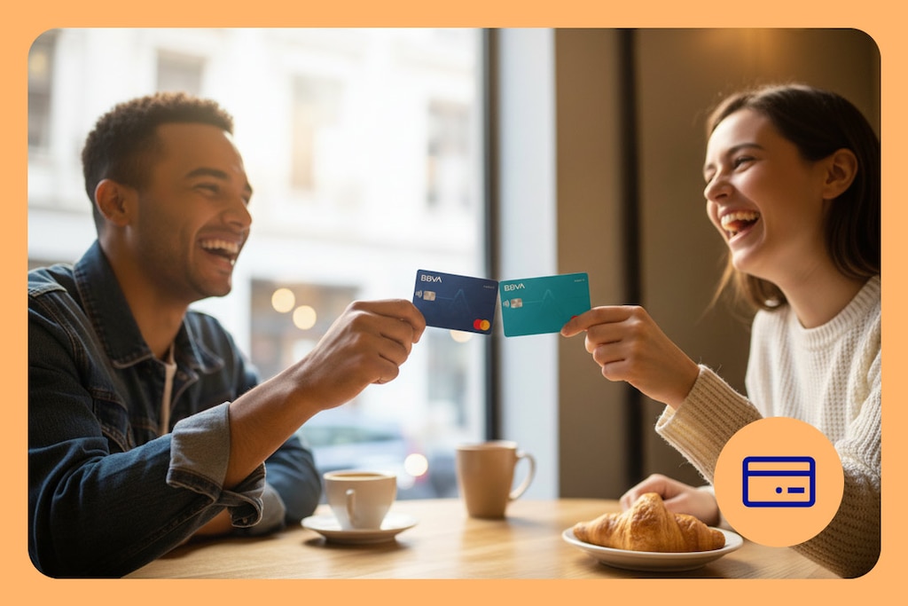 Two people sitting at the table, laughing and holding their credit and debit cards in their hands.