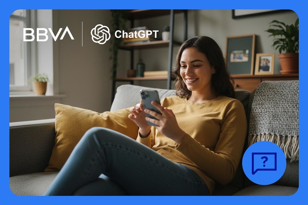 Person using the BBVA ChatGPT app on their cellphone to get advice on financial products and account terms and conditions while on the go.