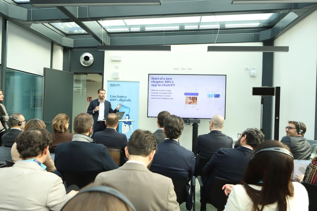 Murat Kalkan, Global Head of Digital Banks at BBVA, presents the ChatGPT app concept on December 3, 2025 in Milan