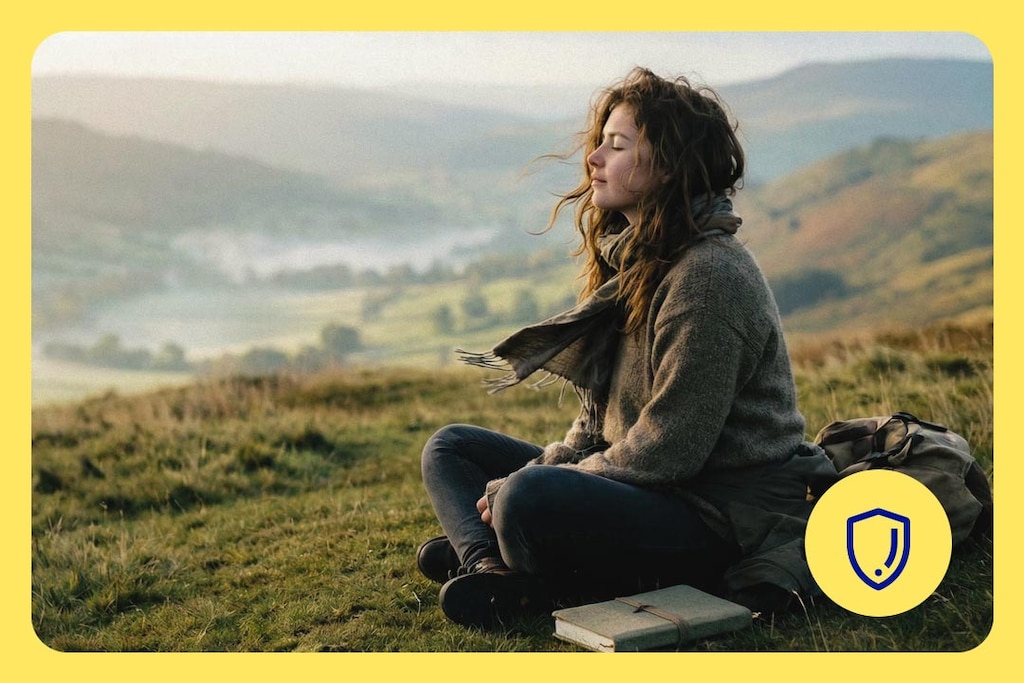 A person is sitting relaxed in a wide hilly landscape – a symbolic image for mindfulness and digital self-care on Change-your-password Day.