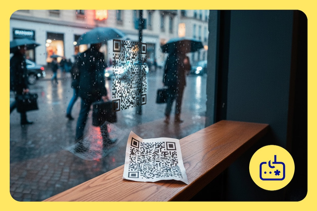 Ein QR-Code auf weissem Papier liegt am Fenster eines Lokals. Hier erfährst du, wie du dich vor Quishing schützen kannst.