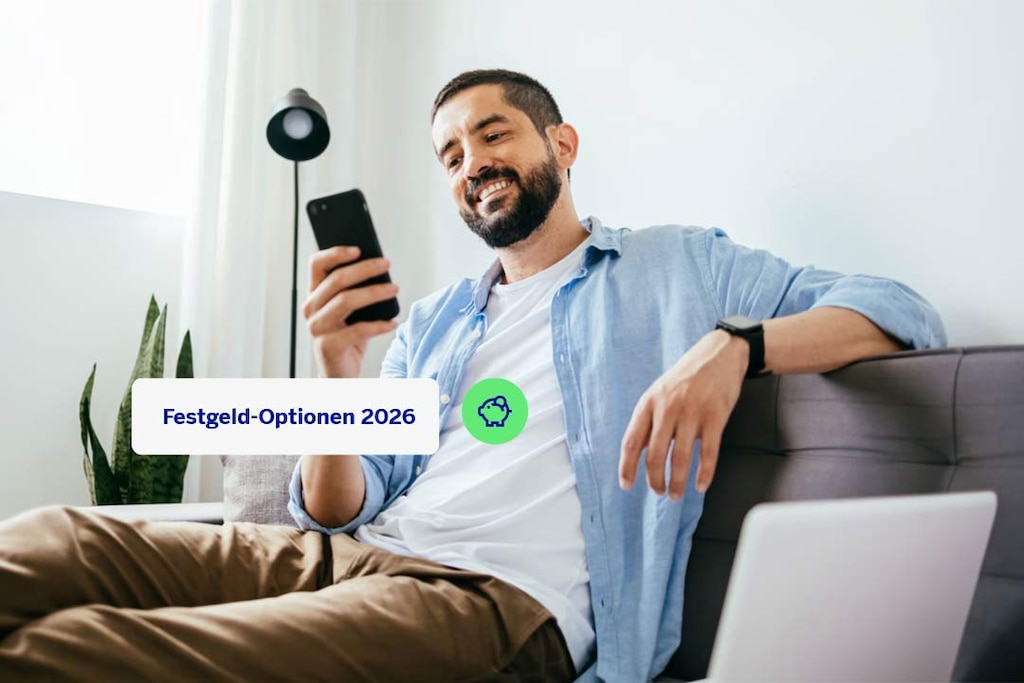 A person sitting relaxed on a sofa using a smartphone; next to them is text about BBVA fixed-term deposits.